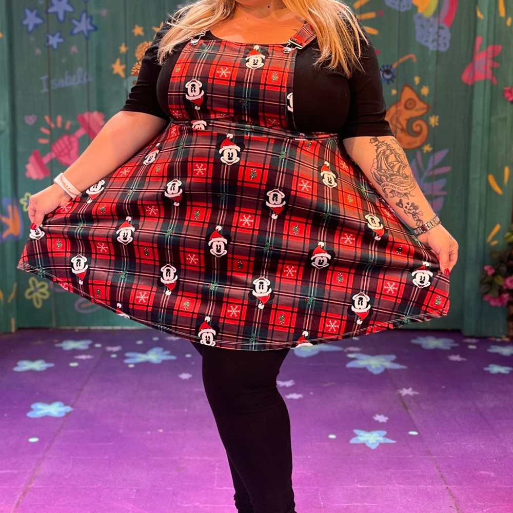 Her Universe Disney Christmas Red and Black Plaid Overalls